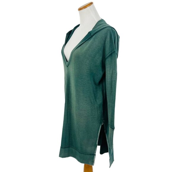 RARE Free People Green Casual Boho Oversized Plunging V-Neck Hooded Tunic Top - Picture 4 of 16